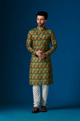 Ensemble pyjama Kurta en coton imprimé vert noisette pour homme